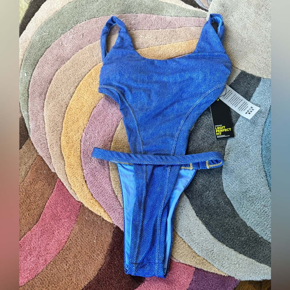 Blue High-Cut One-Piece Swimsuit with Belt